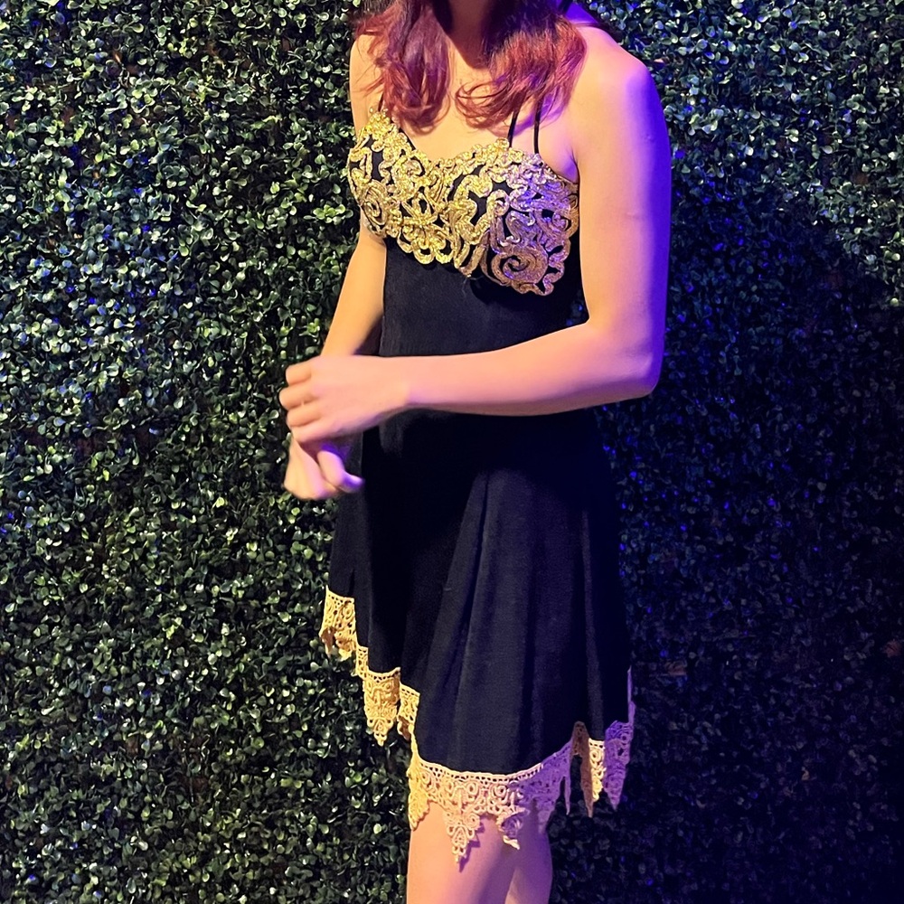 Black Dress with Gold Lace Accents